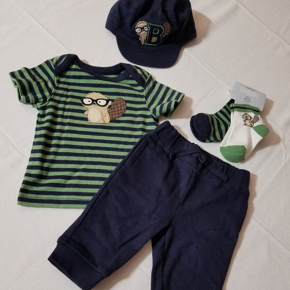 Gymboree Smart Little Guy 0-3 Month Pants & Shirt, 3-6 Month socks & Hat NWT Out - Picture 1 of 5